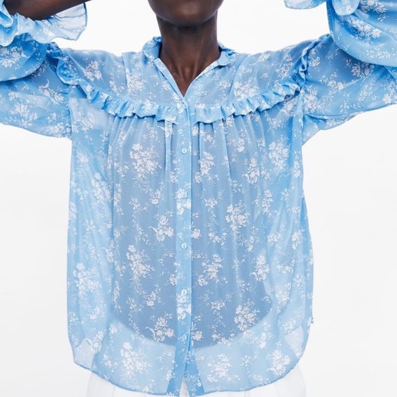 Zara Tops Zara Blue Floral Ruffle Blouse Poshmark